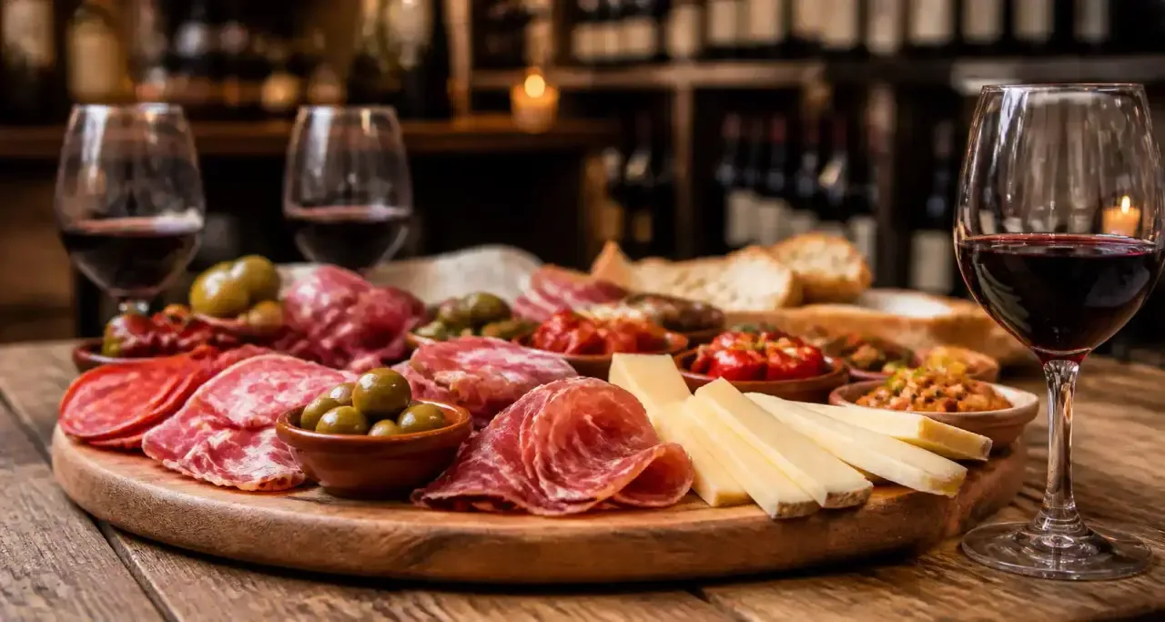 Planche de tapas et charcuteries du Sud-Ouest accompagnee d'un verre de vin rouge