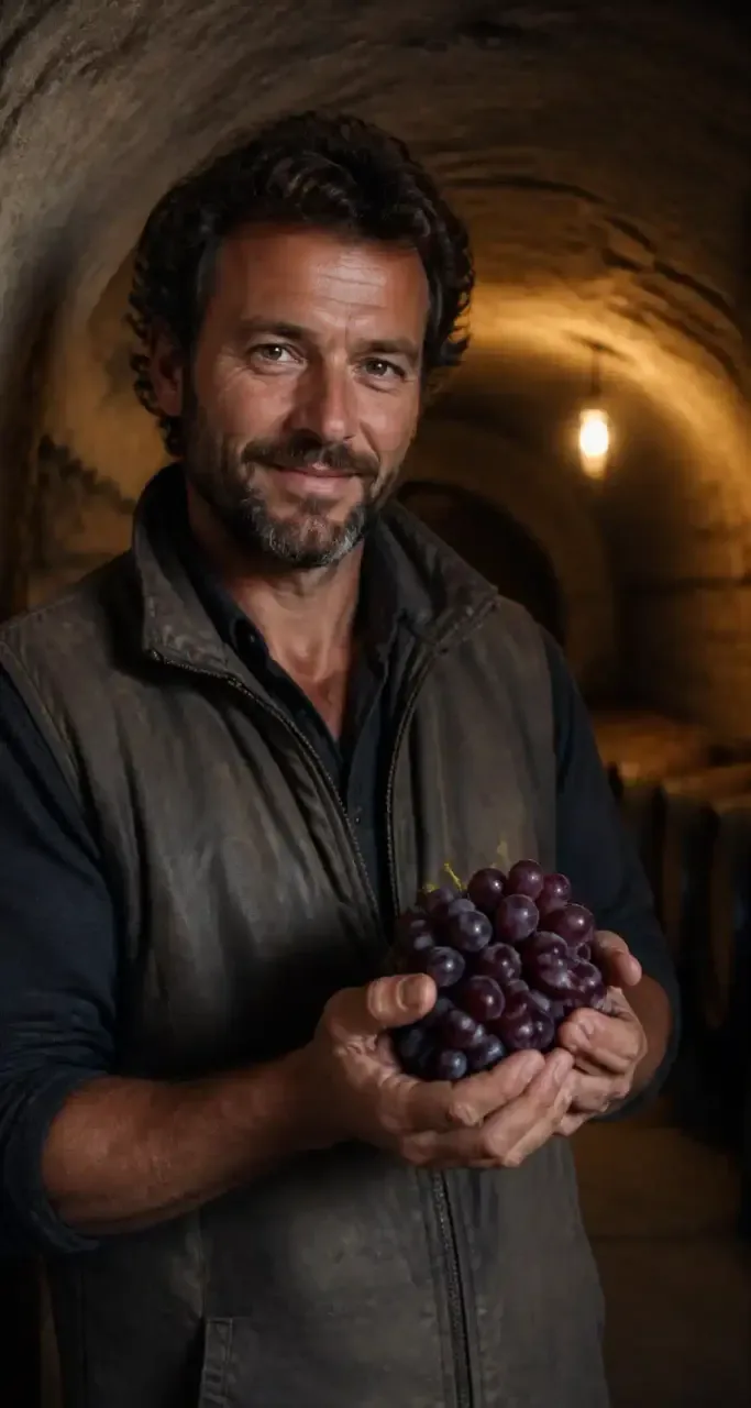Vigneron dans sa cave a Gaillac tenant une grappe de raisin