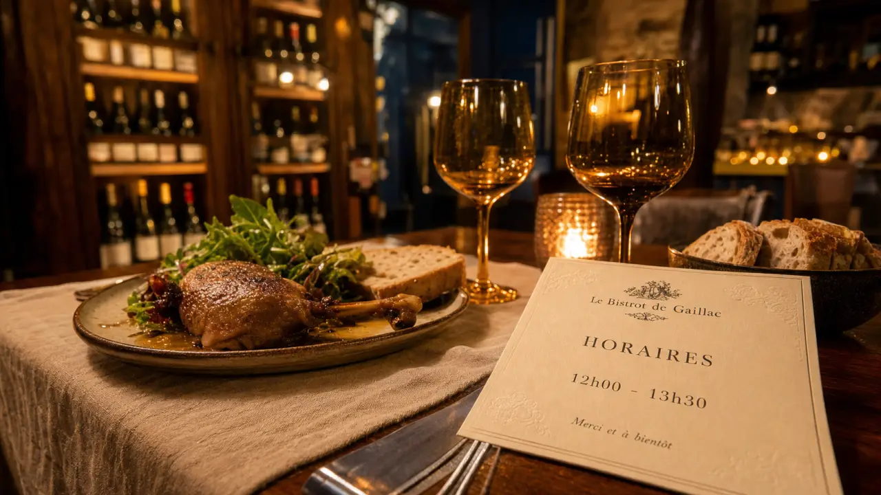 Restauration Gaillac : table avec horaires 12h00-13h30 et cuisine de terroir