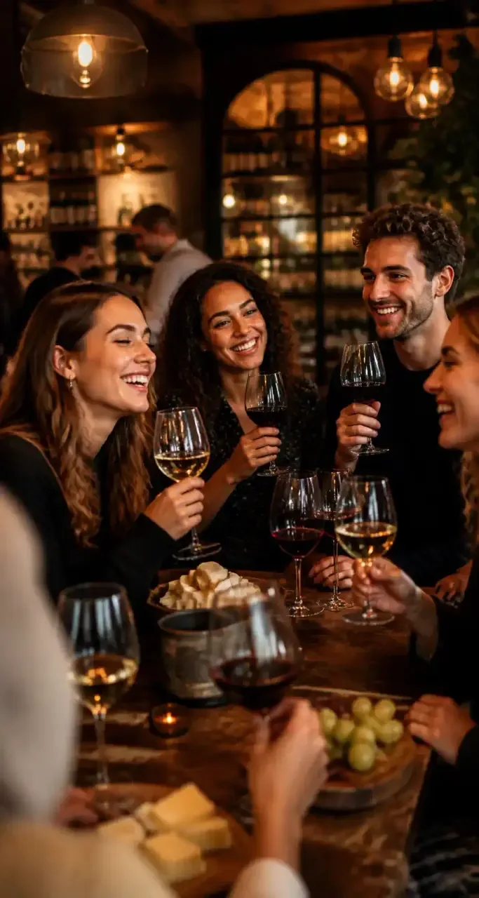 Soiree de degustation animee dans un bar a vins convivial, verres de vin leves entre amis