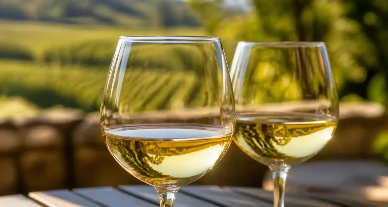 Verres de vin blanc de Gaillac servis en terrasse face aux vignes