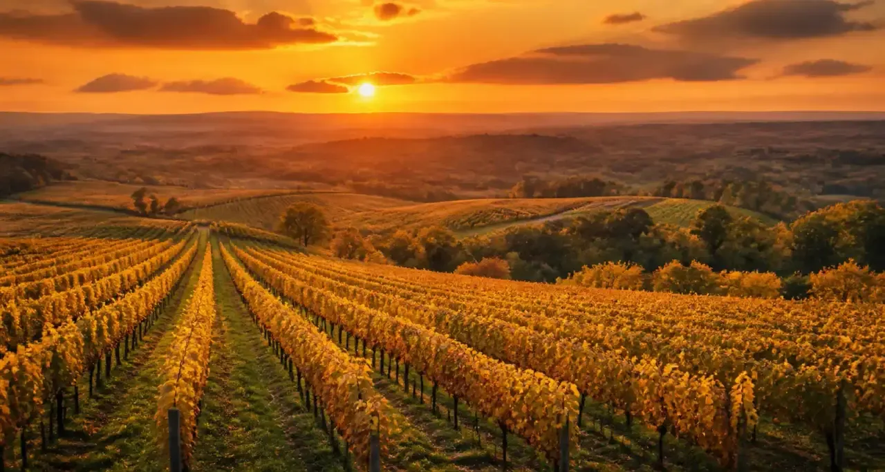 Rangs de vigne du vignoble de Gaillac au coucher du soleil dans le Tarn