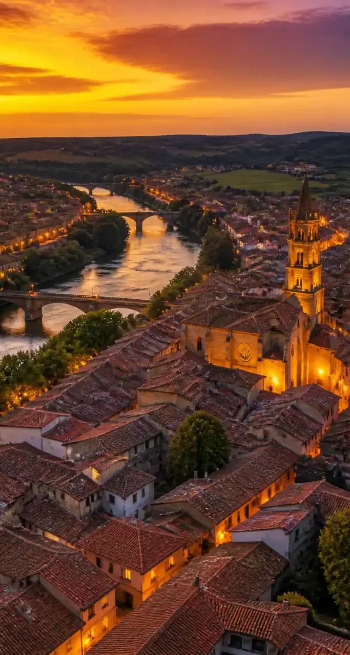 Vue aerienne de Gaillac et de la riviere Tarn au crepuscule