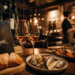 Cave a manger à Paris, ardoise et verres à vin ambrés