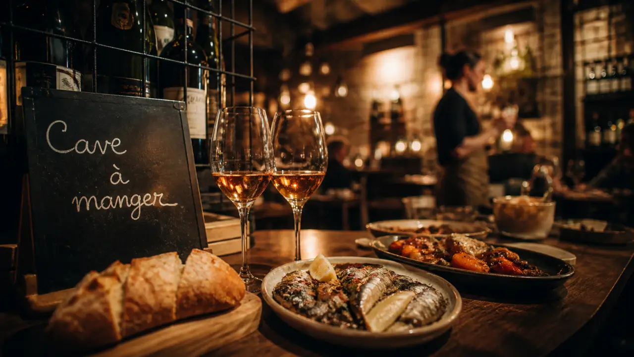 Cave a manger à Paris, ardoise et verres à vin ambrés