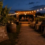 Clap de vin gaillac au Domaine du Moulin, tables et vignes au soir