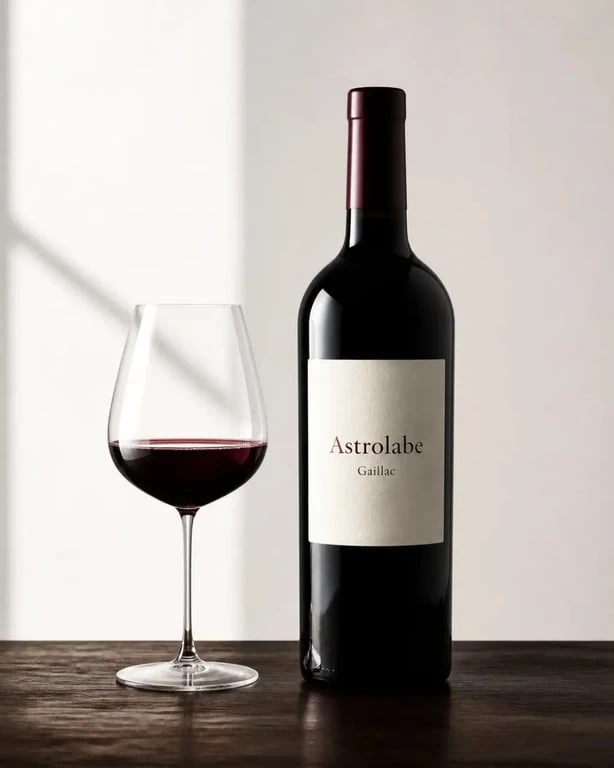 Astrolabe vin gaillac : bouteille de vin rouge et verre de dégustation en ambiance éditoriale