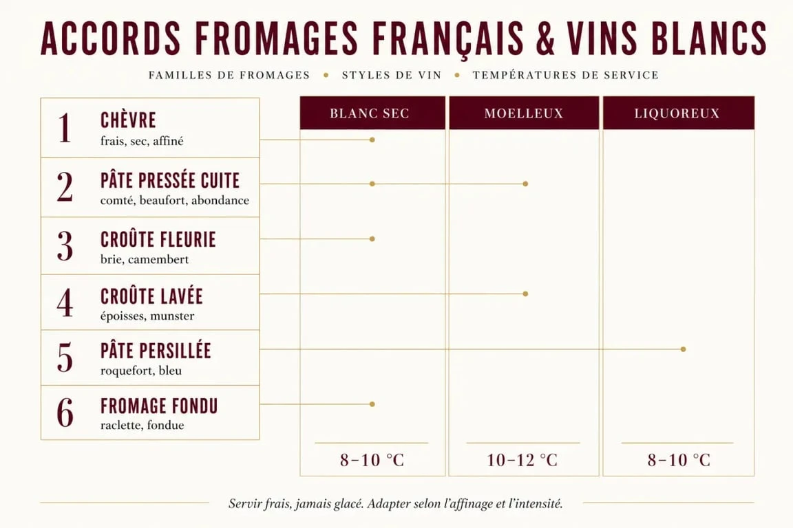 Vin blanc et fromage : tableau visuel des accords par famille de fromage et style de vin blanc