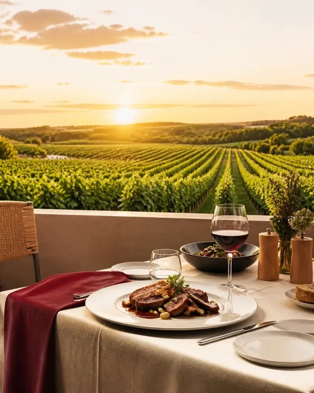 Restaurant vignoble gaillac sur une terrasse au milieu des vignes avec table dressée et verre de vin