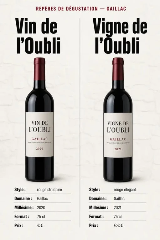 Comparatif visuel du vin de l'oubli gaillac entre Vin de l’Oubli et Vigne de l’Oubli