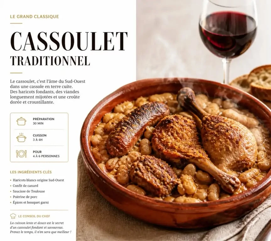 Un cassoulet traditionnel avec un verre de vin rouge, idéal pour savoir que boire avec du cassoulet