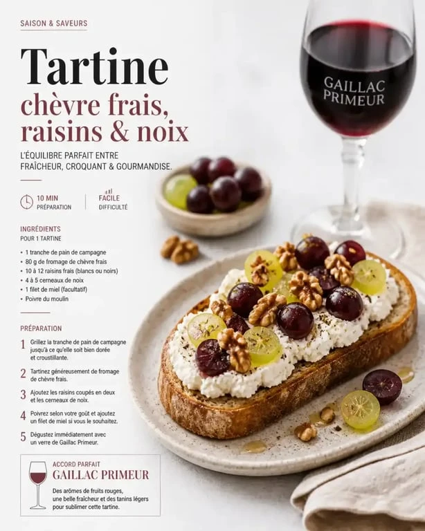 Tartine gourmande au fromage de chèvre et raisins accompagnée d'un verre de vin nouveau Gaillac