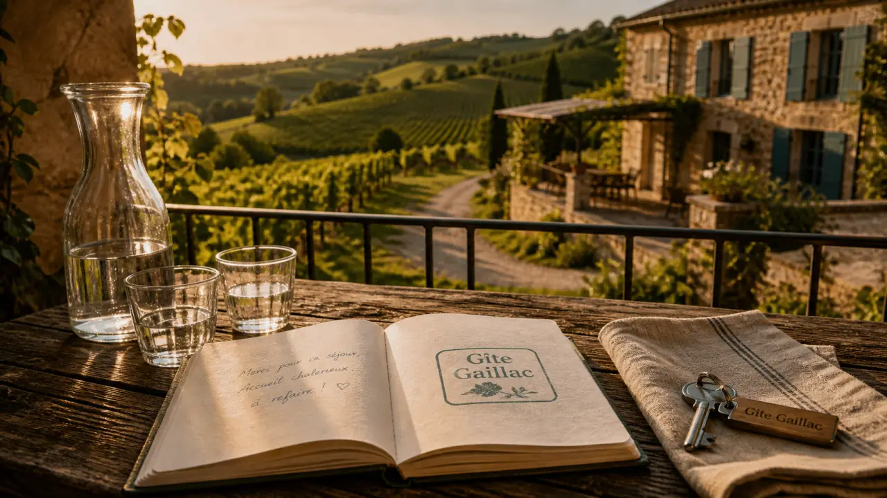 Gîte Gaillac Tarn : clé, carnet et vue sur vignes du Tarn