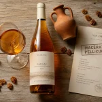 Vin orange gaillac : bouteille, vin ambré et macération pelliculaire sur table
