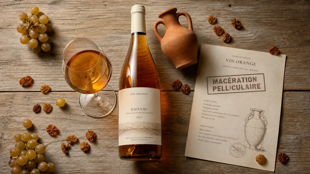 Vin orange gaillac : bouteille, vin ambré et macération pelliculaire sur table