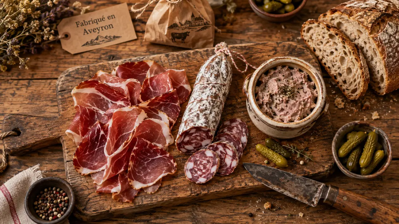 Charcuterie du viala viala du tarn : planche jambon, saucisse et pâté artisanaux