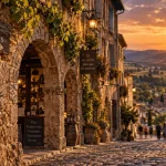 Circuit des bastides tarn, ruelle pavée d’une bastide du Tarn au golden hour