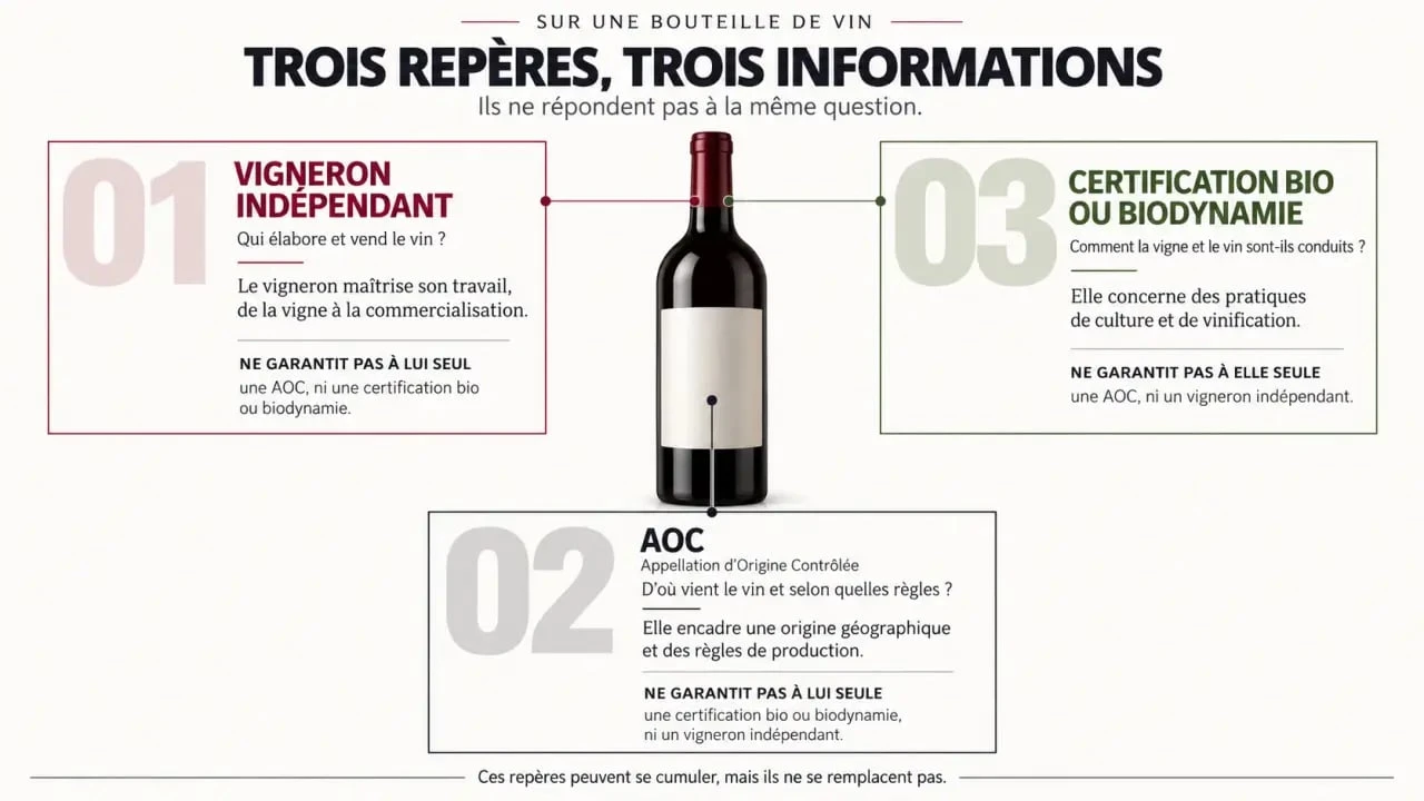 Vigneron indépendant de France : comparaison entre logo Vigneron Indépendant, AOC et certification bio