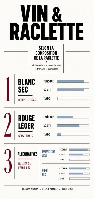 Vin accompagnant une raclette : infographie comparative des meilleurs accords selon la composition du repas