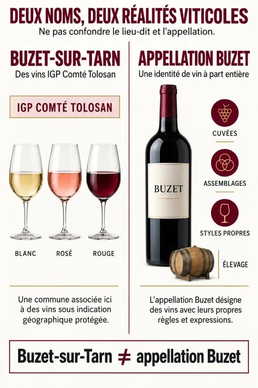 Infographie sur le vin de Buzet sur Tarn : différence entre Buzet-sur-Tarn, le Comté Tolosan et l’appellation Buzet