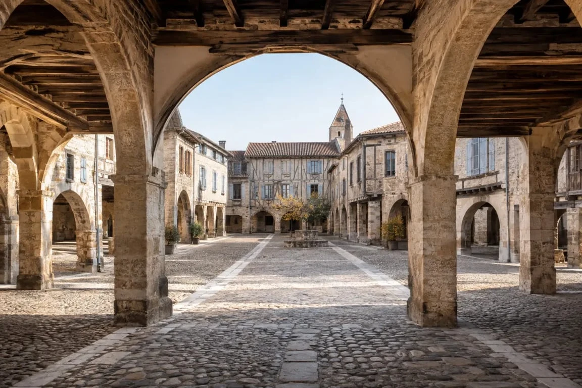 Route des bastides Tarn : place à arcades de Castelnau-de-Montmiral