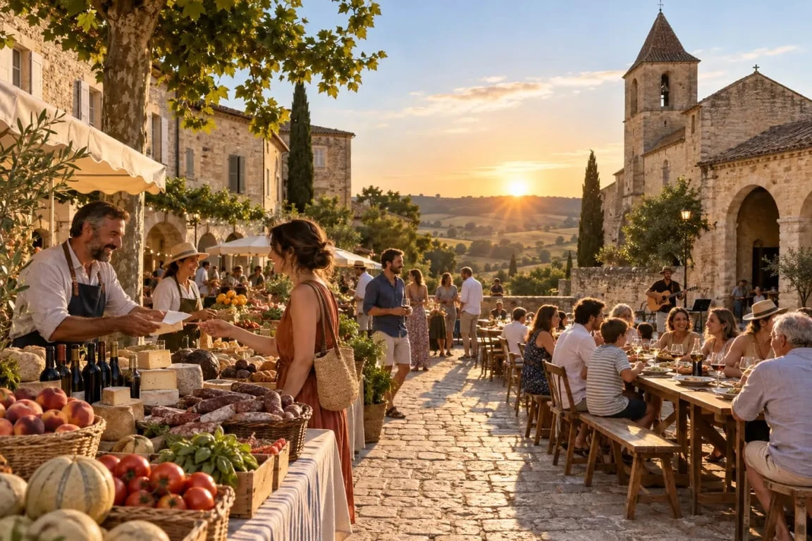Marché gourmand du Tarn-et-Garonne sur une place de village en soirée