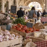 Les plus beaux marchés du Tarn : étal sous arcades