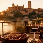 Restaurants albi tarn : table sur terrasse au bord du Tarn, vue Cité épiscopale et cassoulet tarnais