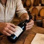 Vigneron indépendant de france en cave, bouteille et tampon sur fiche