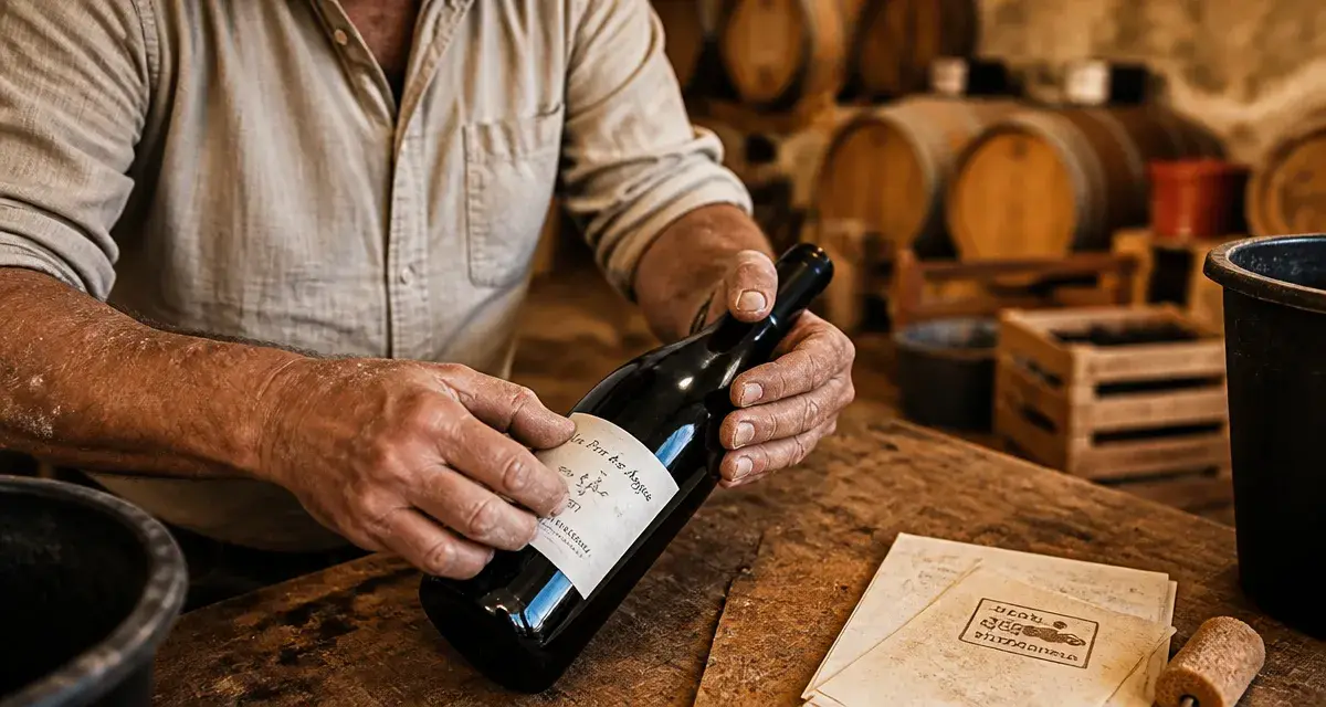 Vigneron indépendant de france en cave, bouteille et tampon sur fiche