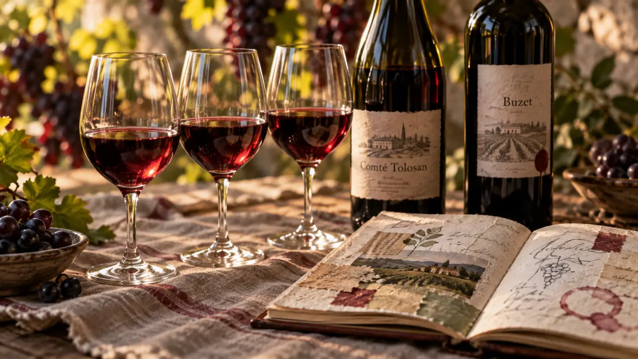 Vin de buzet sur tarn : verres et bouteilles Comté Tolosan local vs Buzet