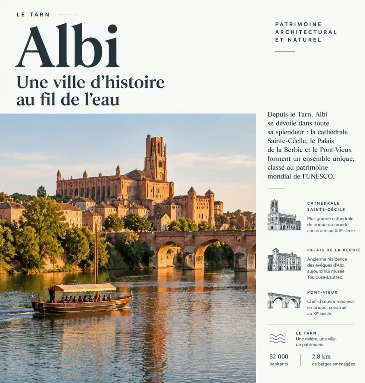 Croisière sur le Tarn à Albi à bord d'une gabarre face à la cathédrale Sainte-Cécile et au Pont-Vieux
