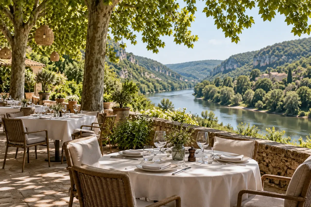 Restaurant au bord du Tarn avec terrasse ombragée et vue sur la rivière