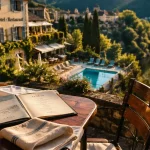 Hotel restaurant tarn : terrasse en bord de Tarn à Ambialet, vue menu et piscine