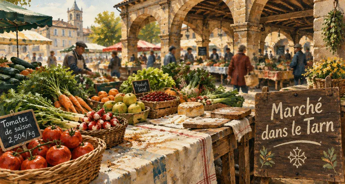 Marché dans le Tarn aujourd’hui, étals de fruits et légumes