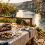 Restaurant au bord de l’eau tarn : terrasse au-dessus du Tarn, plage et guinguette