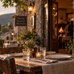Terrasse d’un restaurant dourgne tarn pour repas en duo