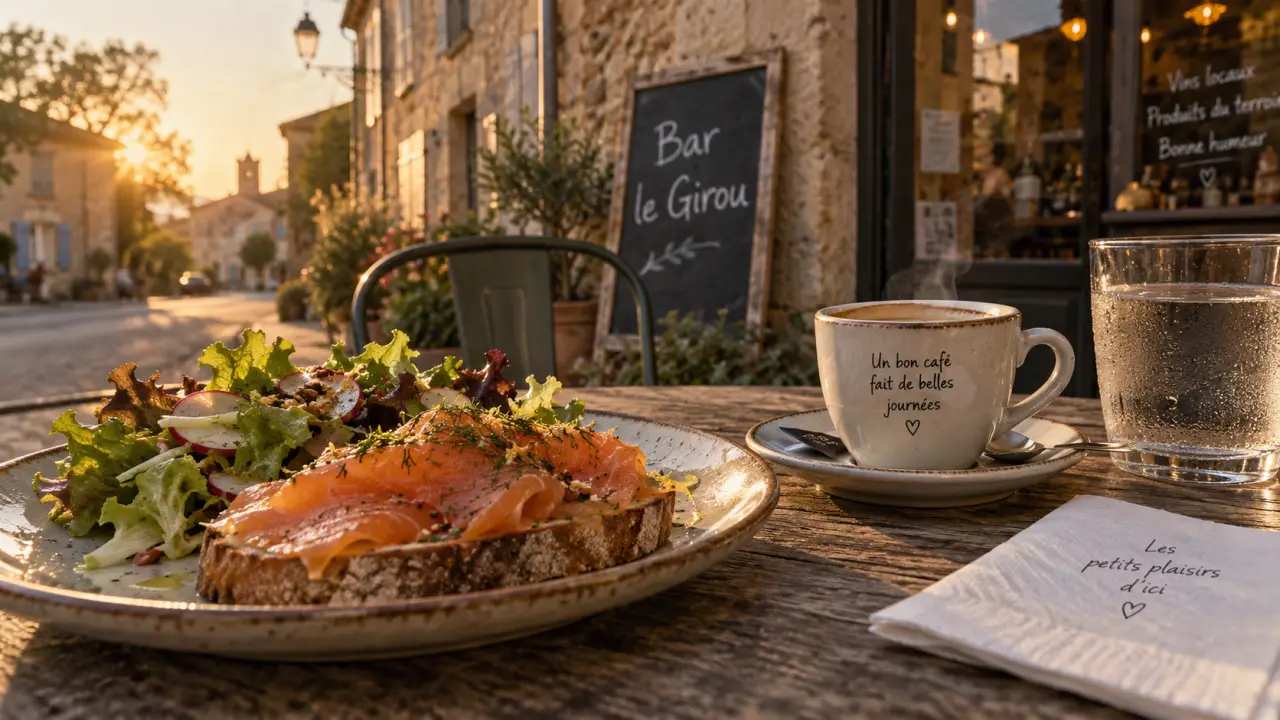 Restaurant giroussens tarn : terrasse de café, tartine au saumon et salade