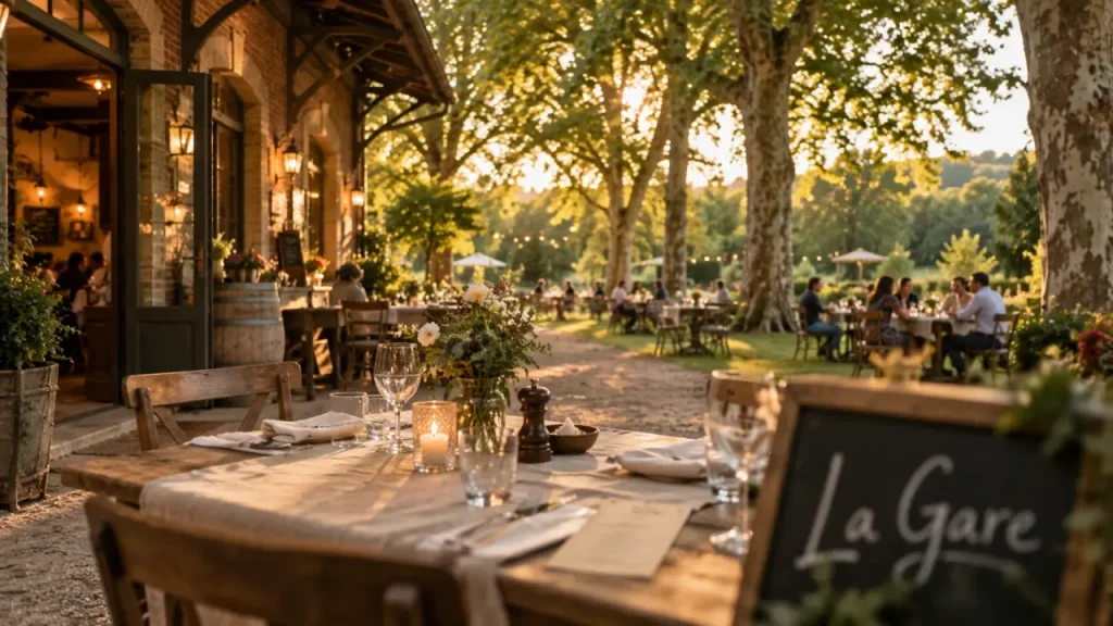 Restaurant La Magdelaine sur Tarn : table à l’ancienne gare « La Gare » dans le parc 4000 m²